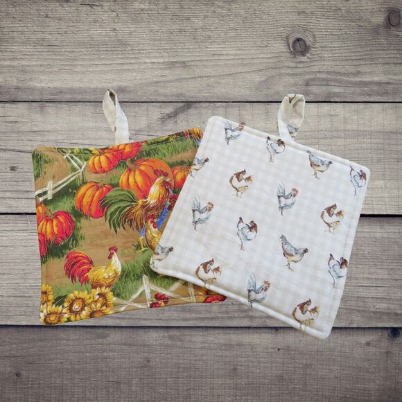 Handmade Potholder, Set of 2, Reversible Fall Pumpkins Roosters and Chickens - Picture 6 of 6